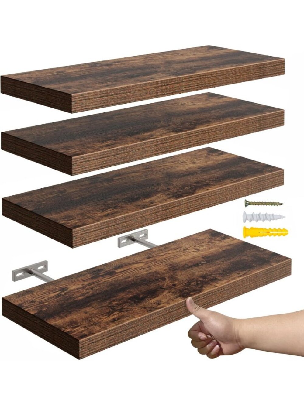 Set of 4 Rustic Brown Floating Wall Shelves - Wood Storage & Display for Home